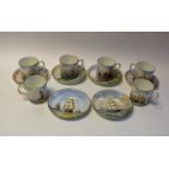 W E J Dean for Royal Crown Derby, a marine painted coffee set, including six cans and saucers, 0981,