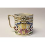 A Derby porcelain porter mug, circa 1815, polychrome and gilt foliate scroll design,