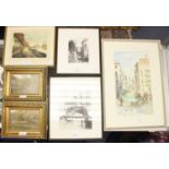 Six assorted pictures, to include signed etchings,