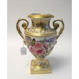 A Derbby Bloor twin handled urn vase, painted with flowers, circa 1830, on square foot,