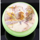 W E J Dean for Royal Crown Derby, a covered pot, the lid painted with High Tor, Matlock, signed,