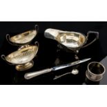 Silver including a pair of Vicotrian Neoclassical salt cellars, boat form,