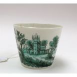 A Chelsea monochrome painted cup, decorated with riverside landscape in green,