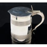 A George III silver lidded mug, cylindrical form with reeded banding and pierced thumbiece,