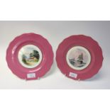 W E J Dean for Royal Crown Derby, two scene painted plates, within pink borders,
