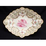 A Derby porcelain navette dish, circa 1785, painted with a central putto in pink clouds,