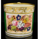 A Derby Bloor porter mug, florally painted cartouche on green ground, circa 1825,