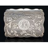 A Victorian silver snuff box, ogee border with engine turned and chased foliate and floral design,