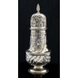 A Victorian silver sifter, baluster form, embossed with Rococo scrolls and floral garlands,