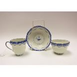 A Derby porcelain tea bowl and coffee trio, pattern 18, circa 1782-1800, tea bowl, cup and saucer,