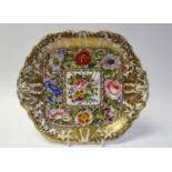 A Derby King Street sandwich plate, heavily gilded and painted with flowers by Sampson Hancock,