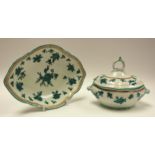 A Derby sauce tureen and stand, circa 1770, green monochrome floral garlands, navette form,