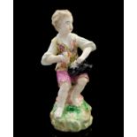 A Derby porcelain figure of a boy sitting on a socle, circa 1760-70, patch marks, incised N 36,