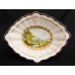 A Derby porcelain navette shaped comport, circa 1795, scene painted with a river view,