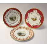 Cuthbert Gresley for Royal Corwn Derby, three painted cabinet plates, signed,