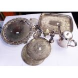 A collection of silver plate including galleried tray, large salver, cut glass scent bottle, mug,