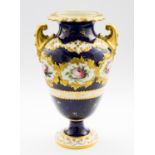 A Derby porcelain vase, pedestal form, cobalt blue ground with Billingsley type roses,