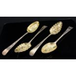 Two pairs of silver berry spoons, including a George III Irish pair,