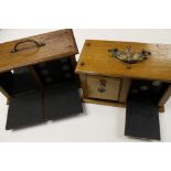 Pair of vintage magic trick dice boxes, oak and brass.