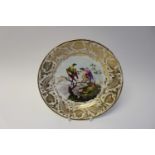 A Derby dessert plate, circa 1810, painted with exotic birds, within gilt foliate border, red mark,