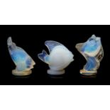 Sabino, three small blue opalescent glass fish, modelled in dynamic poses, two signed,