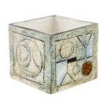 Linda Taylor for Troika, a cube vase, incised decoration in pale green and blue, painted marks, 8.