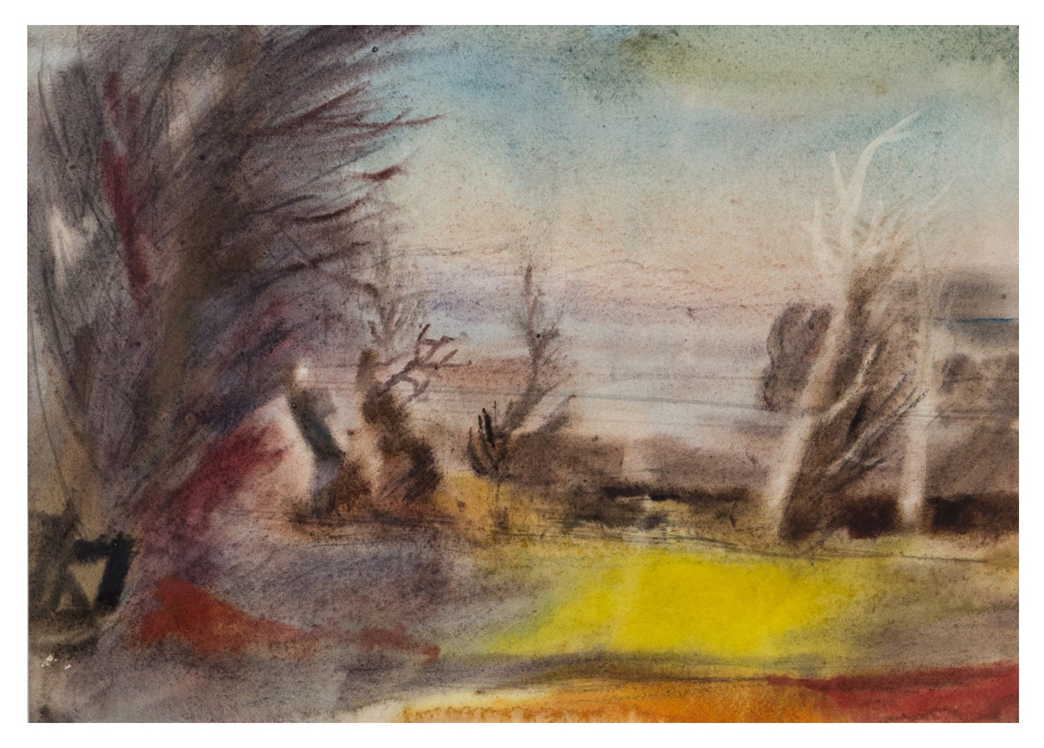 Rowland Suddaby (1912-1972), misty landscape with trees, watercolour, inscribed verso, 26cm x 37cm,