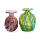 A Mdina glass vase, candy stripe opalescent and another purple mottled vase,