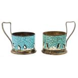 Two Russian modernist silver plate and enamelled tea glass holders, circa 1950s,