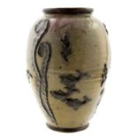 A studio pottery vase, ovoid form with applied relief moulded fish and seaweed,