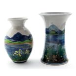 Highland Stoneware of Scotland, studio pottery dish, tray, and two vases,