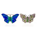 A silver and enamelled butterfly brooch, green and blue basse taille enamel, J Aitkin and son,