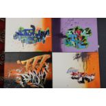 Basha (contemporary), four abstract spraypaint pictures, acrylic on canvas, some signed,