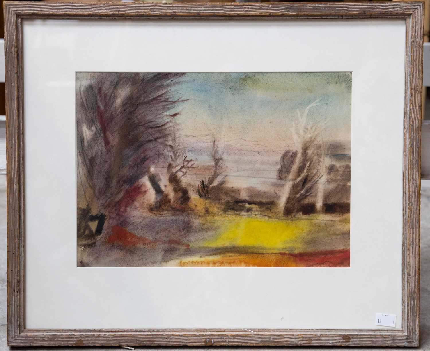 Rowland Suddaby (1912-1972), misty landscape with trees, watercolour, inscribed verso, 26cm x 37cm, - Image 2 of 2