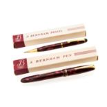 Burnham No56 fountain pen, red marbled with matching pencil,