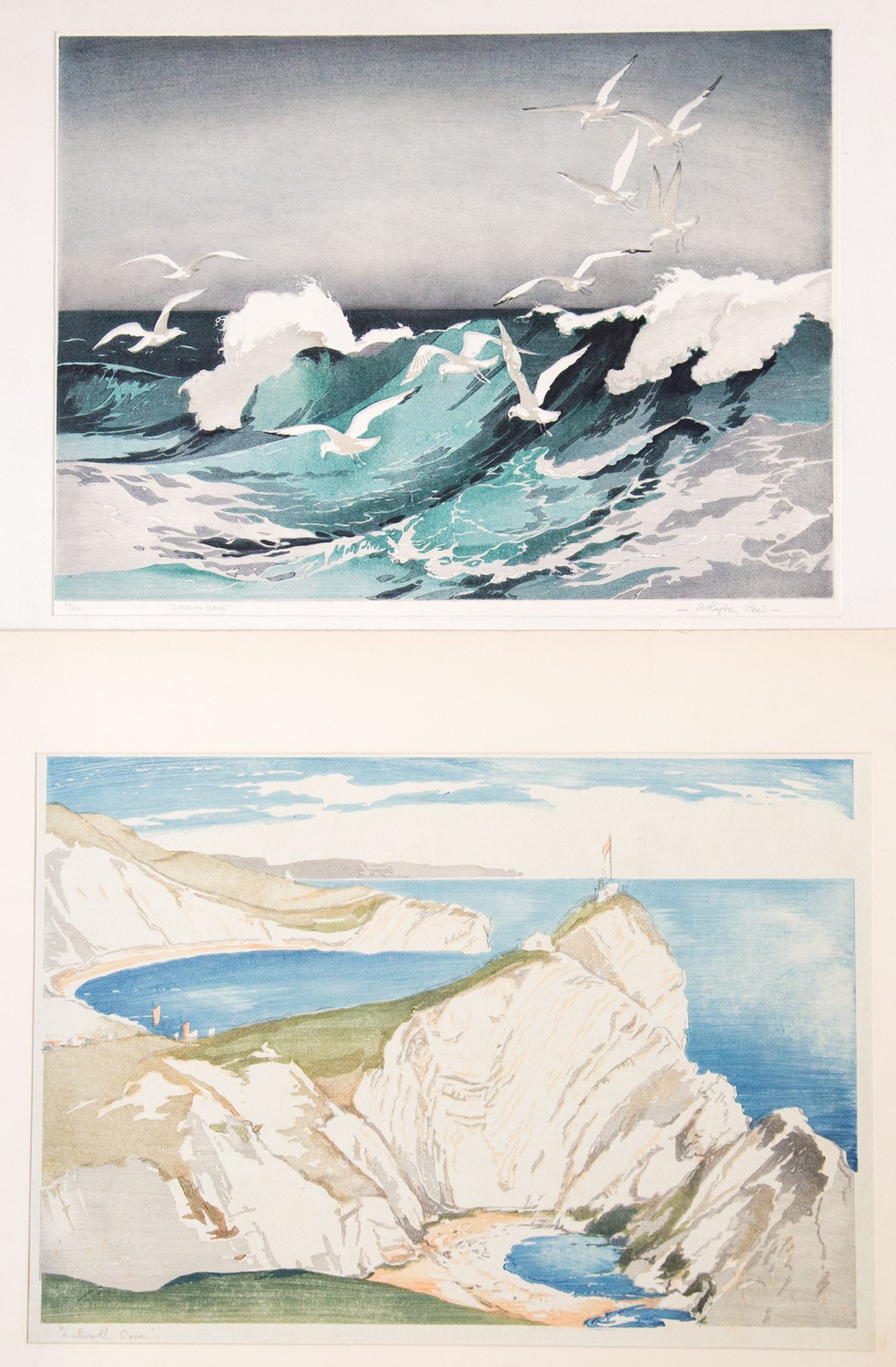 Arthur Rigden Read (1879-1955), Stormy Seas and Lulworth Cove, two woodblock prints, one signed,