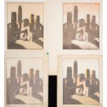 Arthur Rigden Read (1879-1955), San Gimignano, four woodblock prints, various states, two signed,