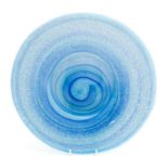 A studio glass dish, concentric mottled blue swirl design, signed Artglass 2000,