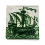 William De Morgan for Sands End Pottery, a Galleon tile, green painted,