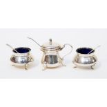 A silver Walker and Hall cruet set, with Bristol blue liners and silver mustard and salt spoons,