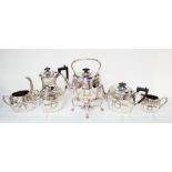 Victorian five part tea service to include spirit kettle, coffee pot, teapot,