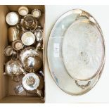 Four piece silver plated tea service, together with a large gallery tray, another and goblets,