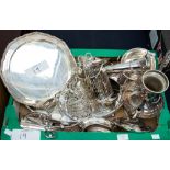 A large silver plated gallery tray together with a spoon warmer, a coffee pot, a hot water jug,