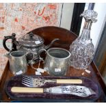 Silver topped glass decanter and a pair of EPNS fish servers and three items of EPBM