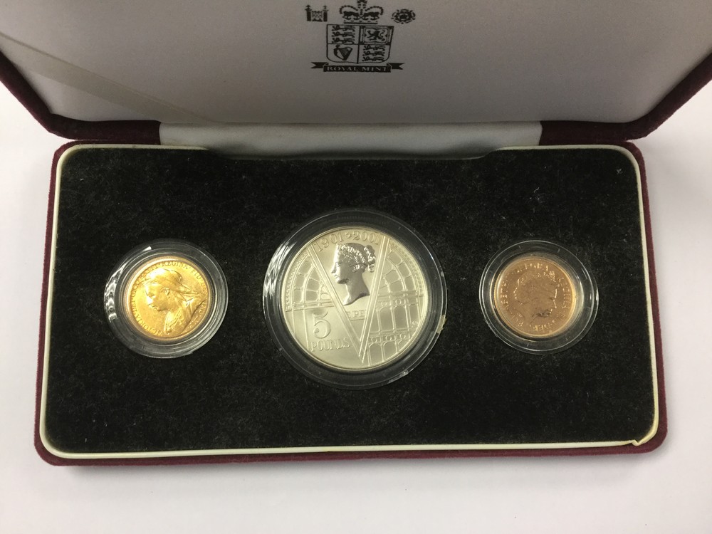 A three coin 1901-2001 Centenary Set Gold Sovereign 1901 and 2001 and Silver Proof £5 2001 in Royal