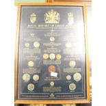 Five glazed wooden display sets: "Commemorating the 50th Anniversary of WW2", coin banknote, stamp,