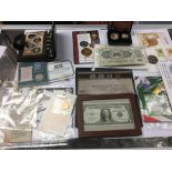 A bag of Coins and Banknotes includes USA and Harry Potter Commemoratives.