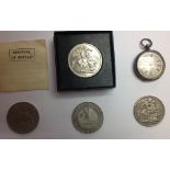 Crowns 1896, 1951, £5 2000, Jubilee Coin set 1977-2002 and a small silver pocket watch.