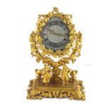 French gilt easel mantle clock mounted with figures of a courting couple. The dial is formed by an