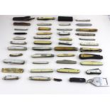 A collection of pen knives, including some Mother of Pearl, Horn and Silver examples.